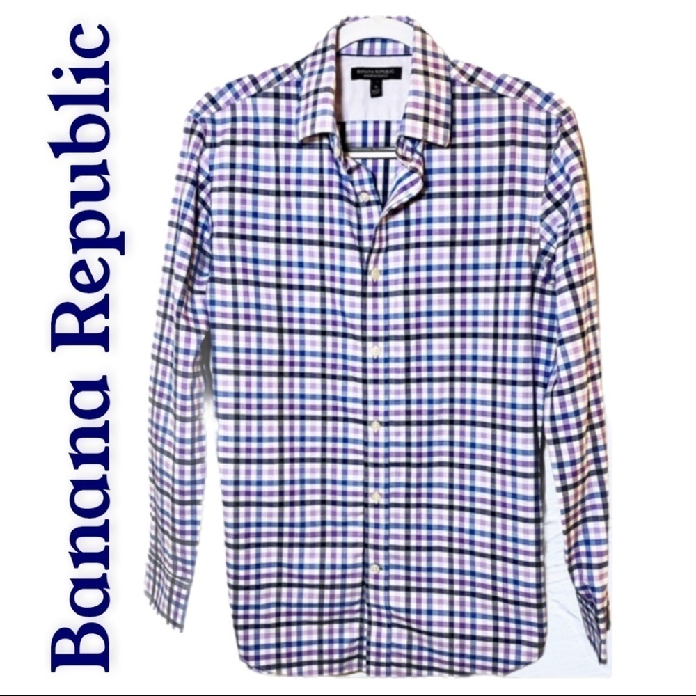 BANANA REPUBLIC Plaid Cotton Slim Fit Non-Iron Button Up Casual Shirt,‎ Small